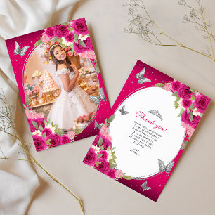 Blommigt Rosa Silver Butterfly Quinceañera Photo Tack Kort