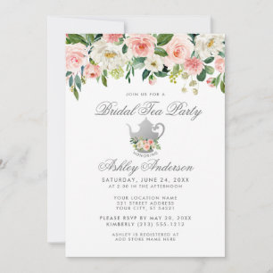 Blommigt Rosa Silver Möhippa Tea Party Inbjudan