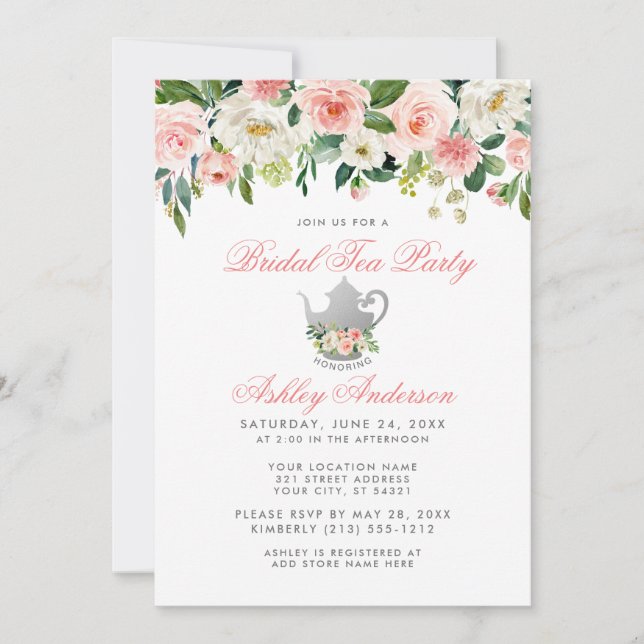Blommigt Rosa Silver Tea Party Möhippan Inbjudan (Framsida)