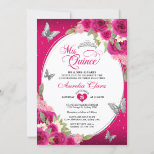 Blommigt Rosa Silver Tiara Butterfly Mis Quinceañe Inbjudningar