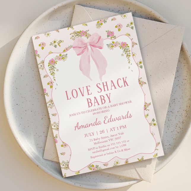 Blommigt Rosa Smal Bow Kärlek Shack Baby Baby Show Inbjudningar (Love Shack Baby Shower Invitation, Love Shack Fancy Invite, Love Shack Fancy Baby Shower Invitation)