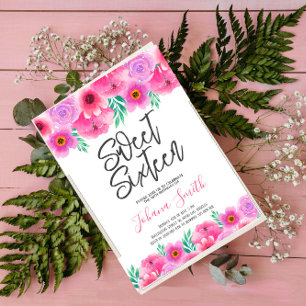 Blommigt Rosa Sweet sixteen Bjud på födelsedagsinb Inbjudningar
