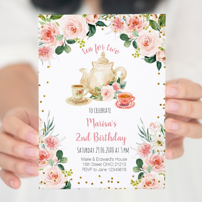Blommigt Rosa Tea för två Födelsedagsfest inbjudan (Skapare uppladdad)