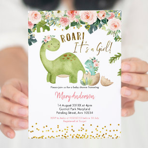 Blommigt Rosa Tropical Dinosaur Baby Shower Inbjudningar
