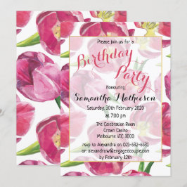 Blommigt Rosa Tulips Födelsedagsfest Inbjudningar