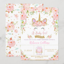 Blommigt Rosa Unicorn Baby Shower Girl