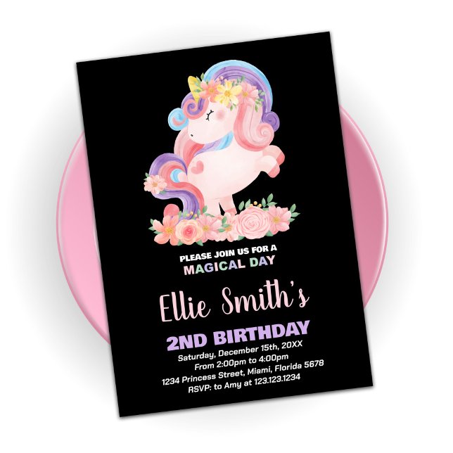 Blommigt Rosa Unicorn Birthday-inbjudningar Inbjudningar (Skapare uppladdad)