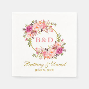 Blommigt Rosa Utandning Guld Monogram Bröllop Pappersservett