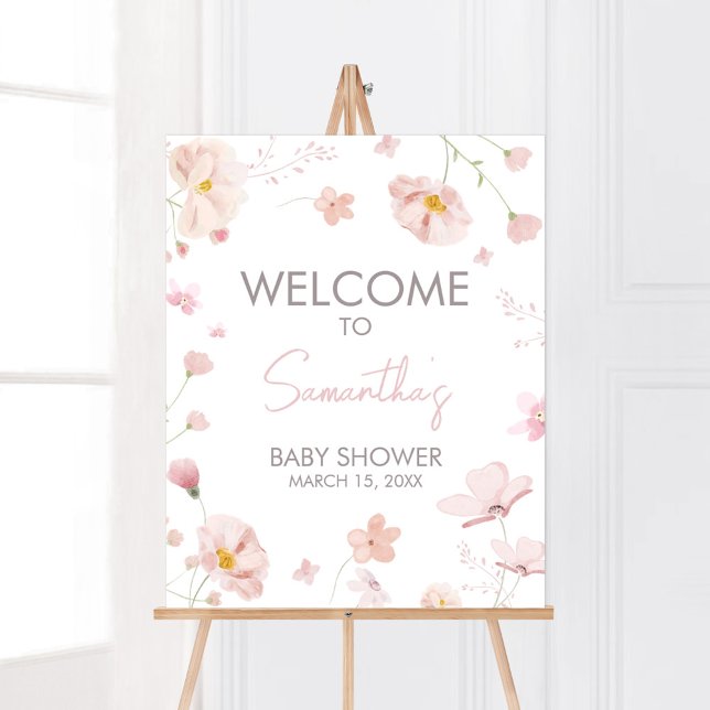 Blommigt Rosa Vår Baby i Bloom Välkommen Poster (Pink Spring Floral Baby in Bloom Baby Shower Welcome Sign)