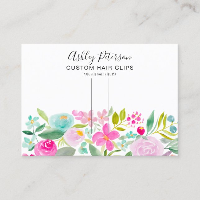 Blommigt rosa vattenfärgsklippbarrette, visning visitkort (Framsida)