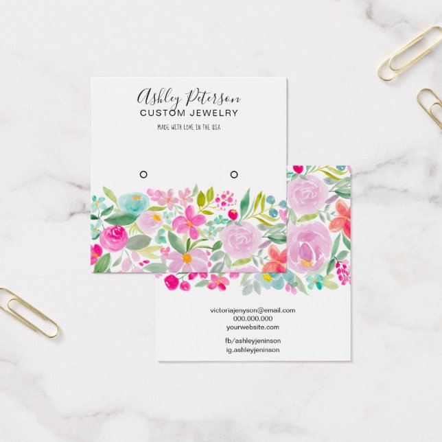 Blommigt rosa vattenfärgsstudie med stigande visni fyrkantigt visitkort (Kontor)