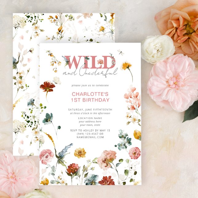 Blommigt Rosa Vild och gravid flicka 1:a födelseda Inbjudningar (Easily personalize this 1st Birthday Invitation with your details for a very special event!)