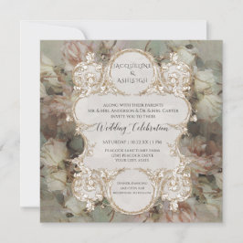 Blommigt Rosa Vit ros Guld Gilded Vintage Script Inbjudningar