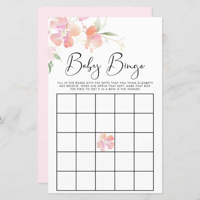 Blommigt Rosa Watercolor Baby Bingo Shower Game (Fram/baksida)