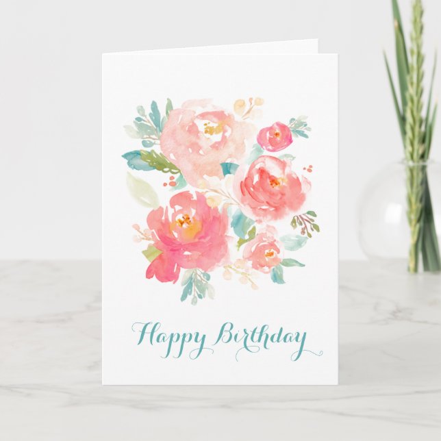 Blommigt Rosa Watercolor Birthday Elegant Kort (Framsida)