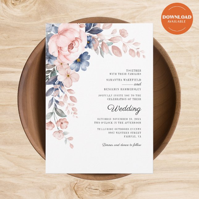 Blommigt Rosa Watercolor Botanical Bröllop Inbjudningar (Blush Pink Floral Watercolor Script Wedding Invitation)