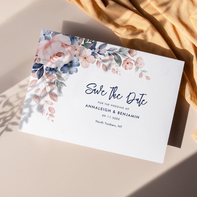 Blommigt Rosa Watercolor Bröllop spara datum (Botanical Floral Pink Script Wedding Save the Date Announcement)
