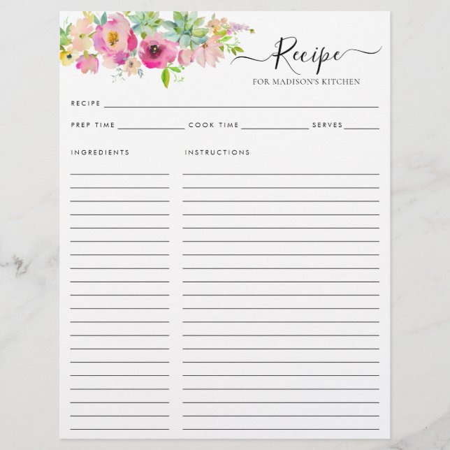 Blommigt  Rosa Watercolor Cactus Kitchen Recipe (Framsida)