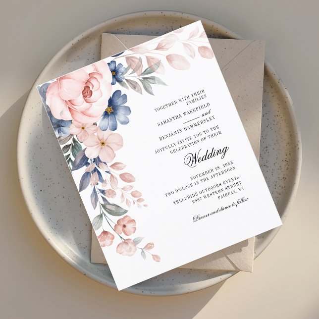 Blommigt Rosa Watercolor Greenery bröllopsinbjudan (Watercolor Floral Pink Script Modern Wedding Invitation)