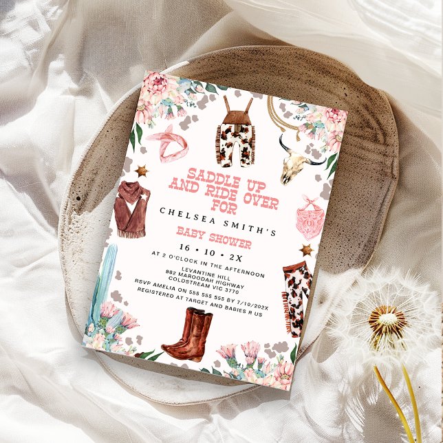 Blommigt Rosa Western Rodeo Baby Shower Inbjudningar (Cowgirl Baby Shower Invitation, Rodeo Baby Shower Invitation Girls, Western Country Baby Shower)