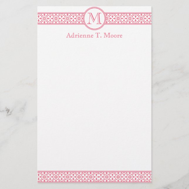 Blommigt Rosa White Monogram Initial Stationery Brevpapper (Framsida)