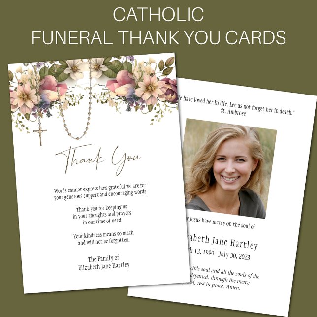 Blommigt Rosary Photo Funeral Condolence Sympathy Tack Kort (Easy to Personalize Catholic Funeral Thank You Cards)