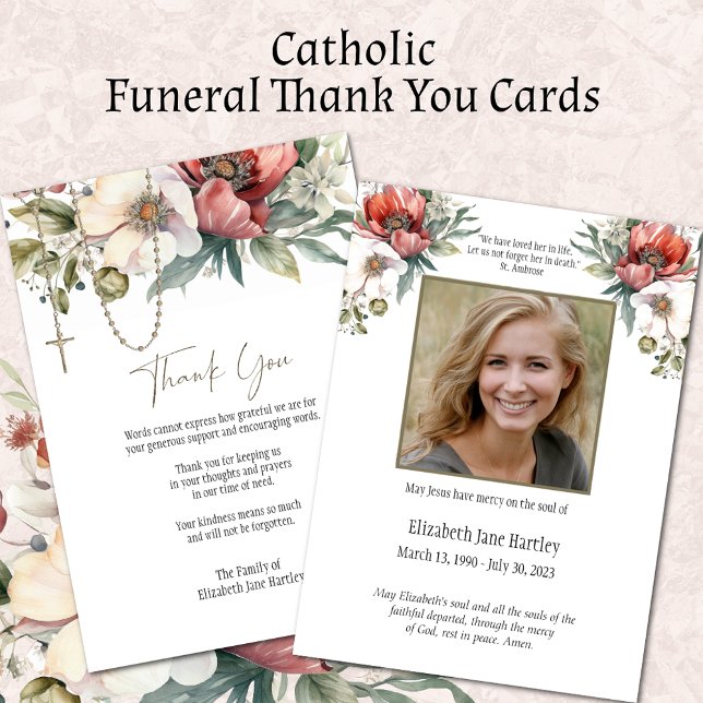 Blommigt Rosary Photo Funeral Condolence Sympathy Tack Kort (Easy to Personalize Catholic Funeral Thank You Cards)