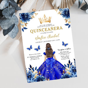 Blommigt Royal Blue Bilingual Spain Quinceanera Inbjudningar