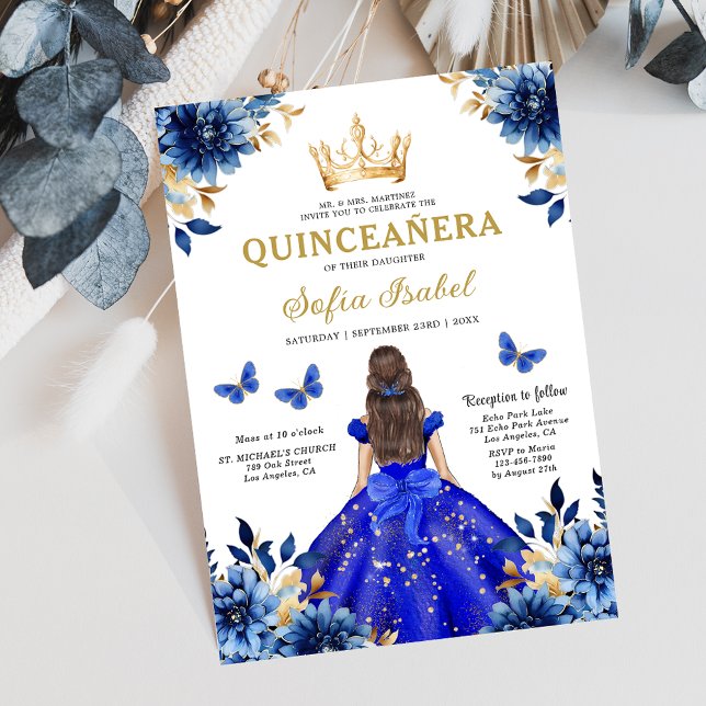 Blommigt Royal Blue Bilingual Spain Quinceanera Inbjudningar (Skapare uppladdad)