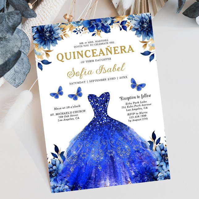 Blommigt Royal Blue Bilingual Spain Quinceanera Inbjudningar (Skapare uppladdad)