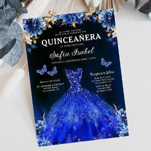 Blommigt Royal Blue Bilingual Spain Quinceanera Inbjudningar