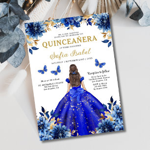 Blommigt Royal Blue Bilingual Spain Quinceanera Inbjudningar