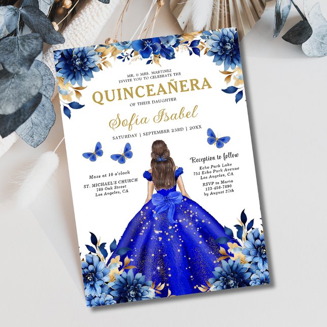 Blommigt Royal Blue Bilingual Spain Quinceanera Inbjudningar (Skapare uppladdad)