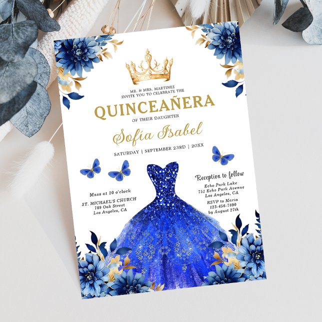 Blommigt Royal Blue Bilingual Spain Quinceanera Inbjudningar (Skapare uppladdad)