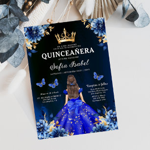 Blommigt Royal Blue Bilingual Spain Quinceanera Inbjudningar