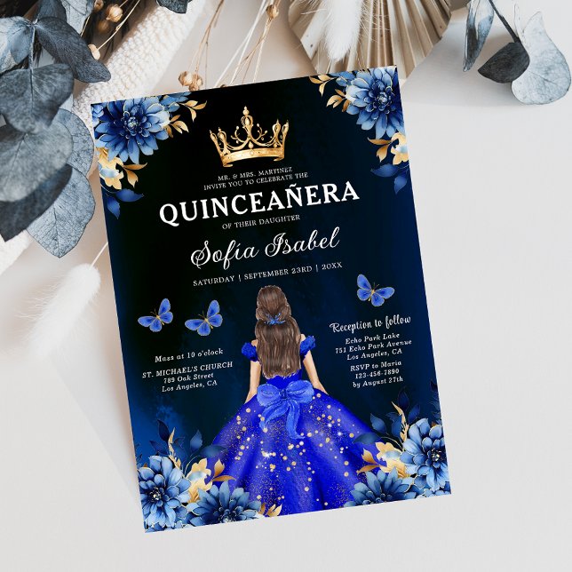 Blommigt Royal Blue Bilingual Spain Quinceanera Inbjudningar (Skapare uppladdad)