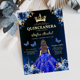 Blommigt Royal Blue Bilingual Spain Quinceanera Inbjudningar