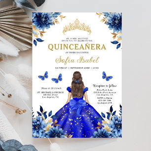 Blommigt Royal Blue Bilingual Spain Quinceanera Inbjudningar