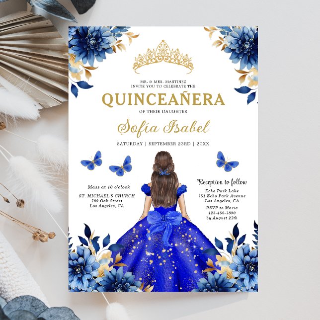 Blommigt Royal Blue Bilingual Spain Quinceanera Inbjudningar (Skapare uppladdad)
