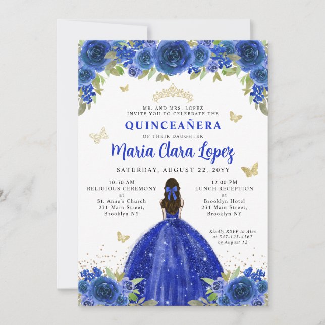 Blommigt Royal Blue Butterfly Princess Quinceanera Inbjudningar (Framsida)