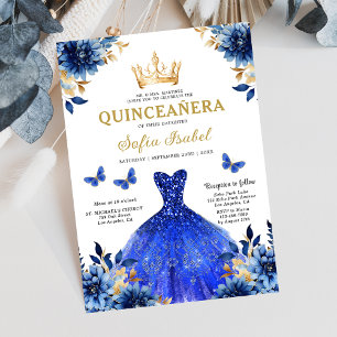 Blommigt Royal Blue Butterfly Princess Quinceanera Inbjudningar