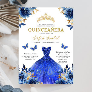 Blommigt Royal Blue Butterfly Princess Quinceanera Inbjudningar