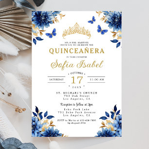 Blommigt Royal Blue Butterfly Princess Quinceanera Inbjudningar