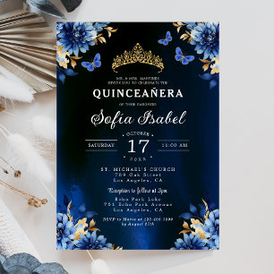 Blommigt Royal Blue Butterfly Princess Quinceanera Inbjudningar