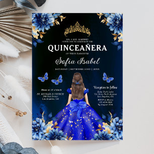 Blommigt Royal Blue Butterfly Princess Quinceanera Inbjudningar