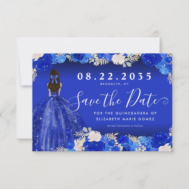 Blommigt Royal Blue Dress Birthday Quinceanera Spara Datumet (Framsida)