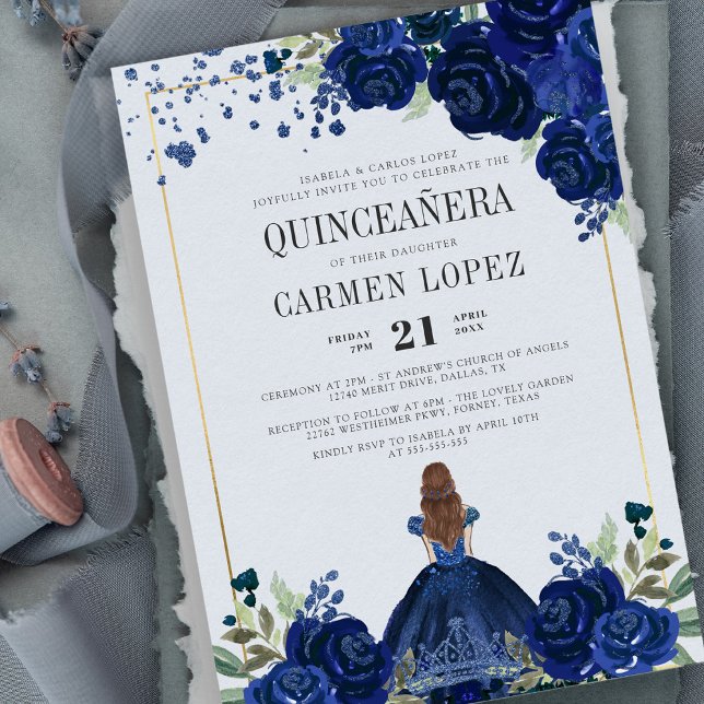 Blommigt Royal Blue Dress Budget Quinceanera Inbjudningar (Skapare uppladdad)