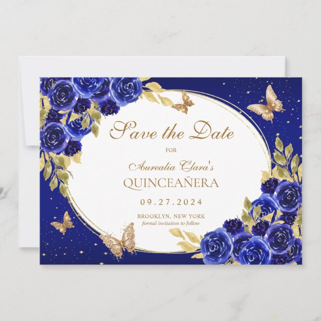 Blommigt Royal Blue Guld Butterfly Quinceanera Meddelande (Framsida)