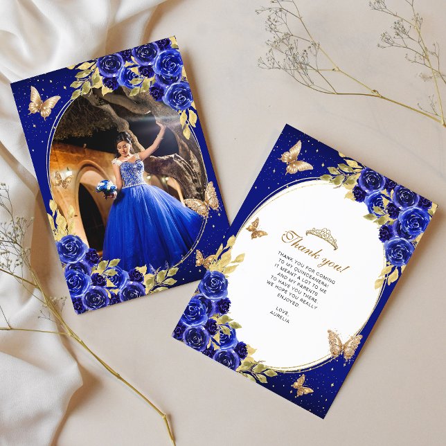 Blommigt Royal Blue Guld Butterfly Quinceañera Pho Tack Kort (Skapare uppladdad)