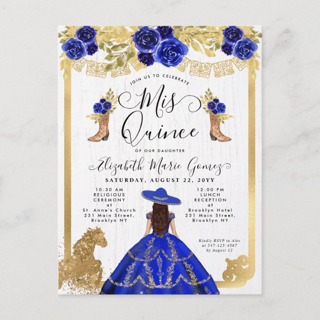 Blommigt Royal Blue Guld Charra Princess Quinceane Inbjudan Vykort (Framsida)